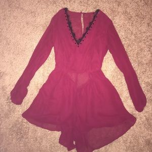 Maroon Sheer Romper with Black Lace